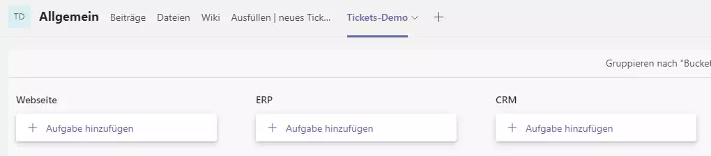 Der fertige Aufgabenplan mit den Buckets Webseite, ERP und CRM.